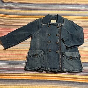 Evy's Tree Denim Double Breasted Jacket XS Distressed Raw Edge Zipper Pockets‎